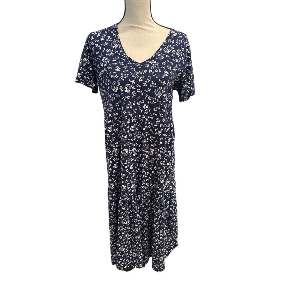 ⭐️ Women’s j. Crew Navy floral Tiered T- Shirt Dress Size Medium Summer Casual